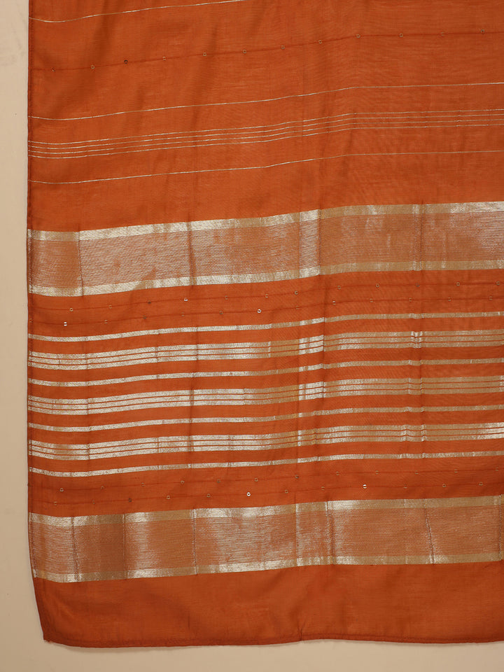 Rust Cotton Blend Straight Yoke Embroidered 3-Piece Kurta Set