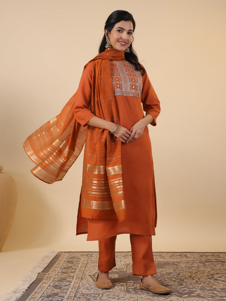 Rust-Cotton-Blend-Straight-Yoke-Embroidered-3-Piece-Kurta-Set