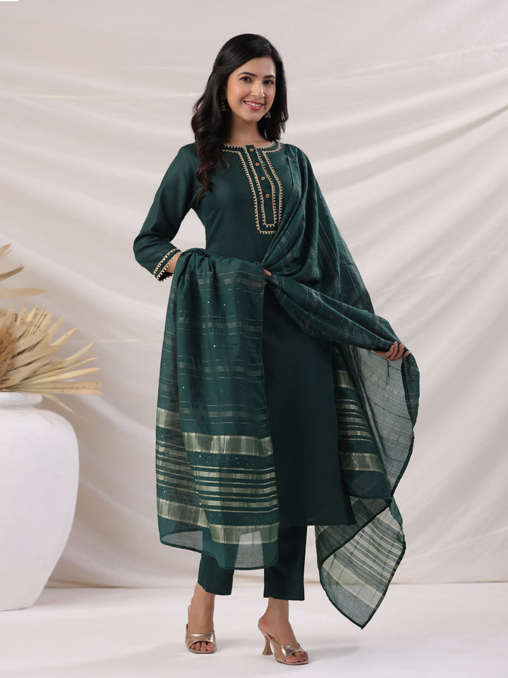 Dark Green Cotton Blend Straight Yoke Design 3-Piece Kurta Set