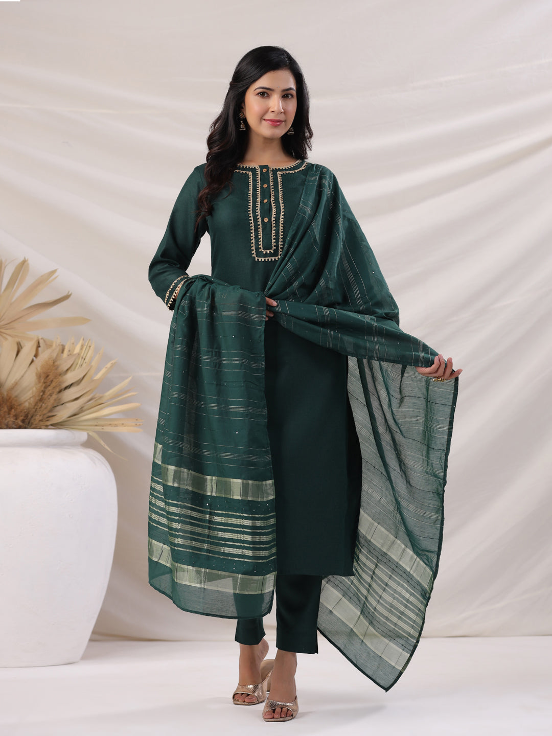 Dark Green Cotton Blend Straight Yoke Design 3-Piece Kurta Set