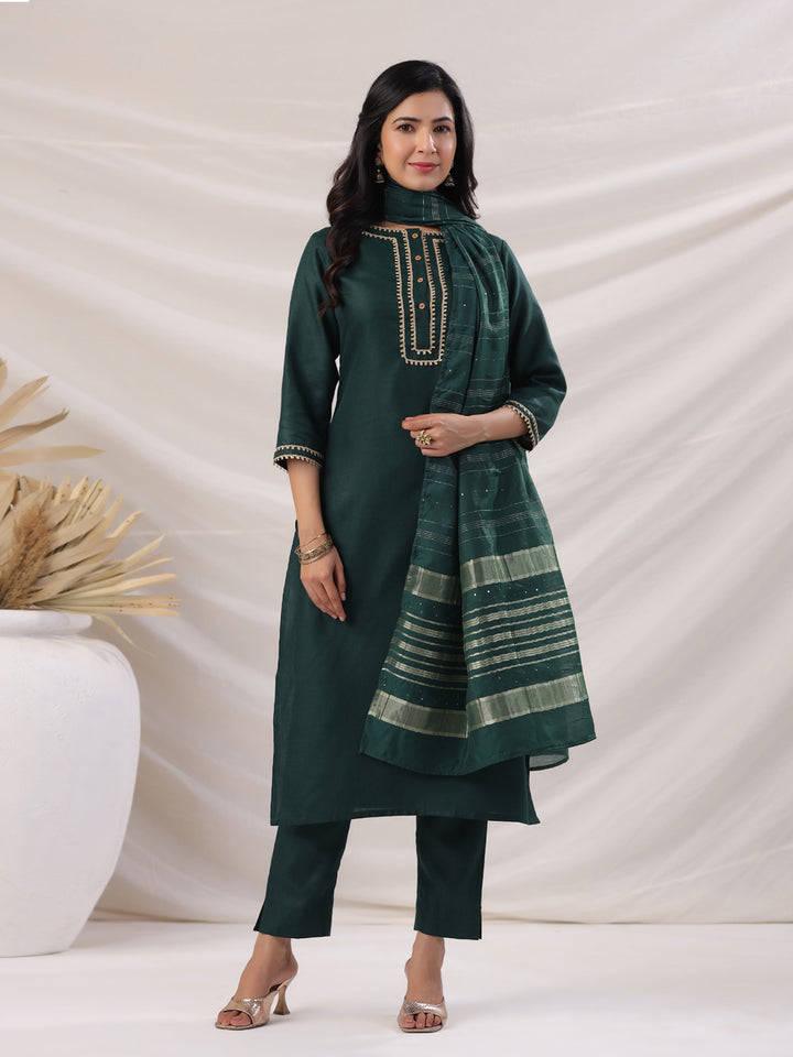 Dark Green Cotton Blend Straight Yoke Design 3-Piece Kurta Set