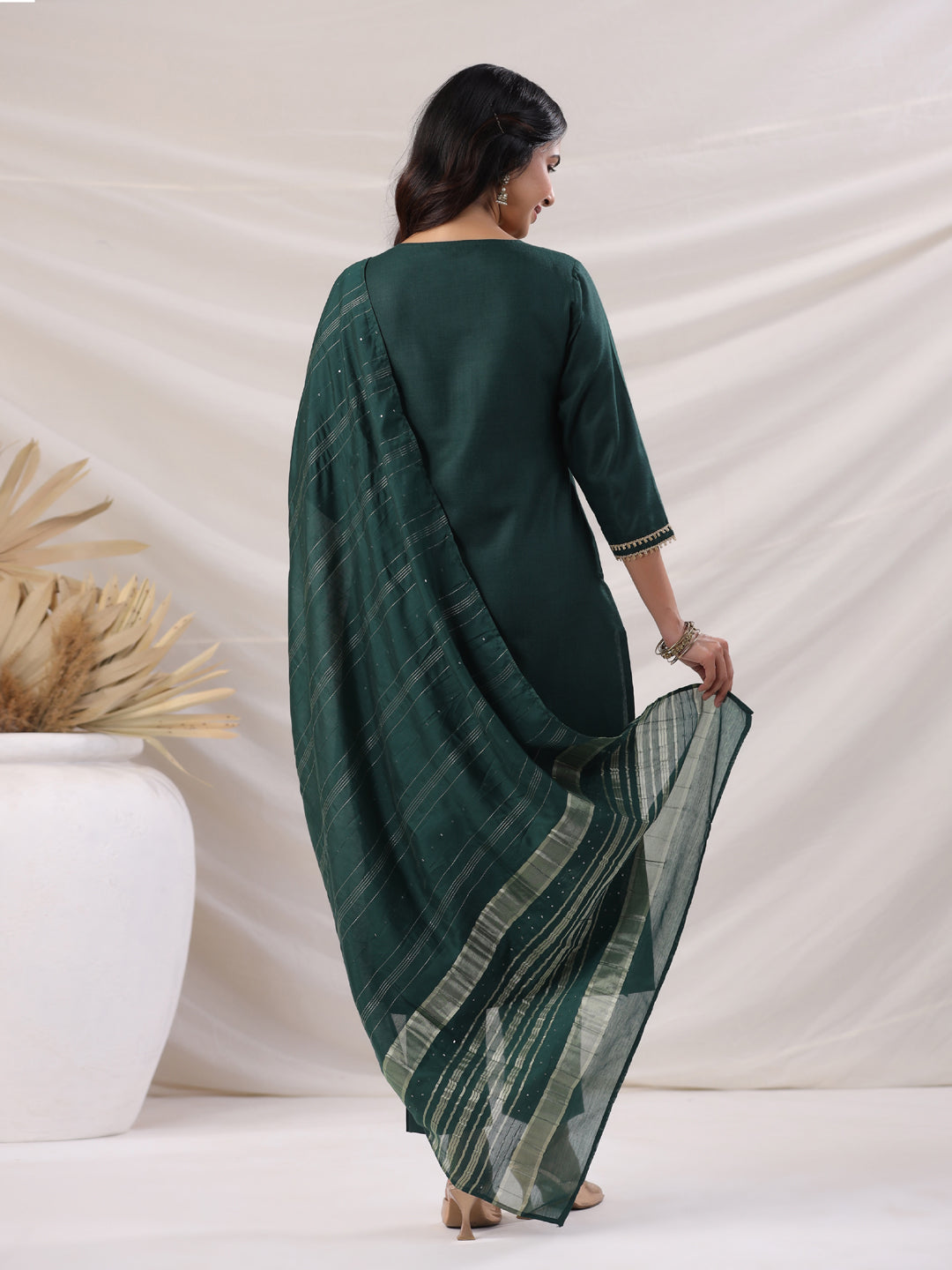 Dark Green Cotton Blend Straight Yoke Design 3-Piece Kurta Set