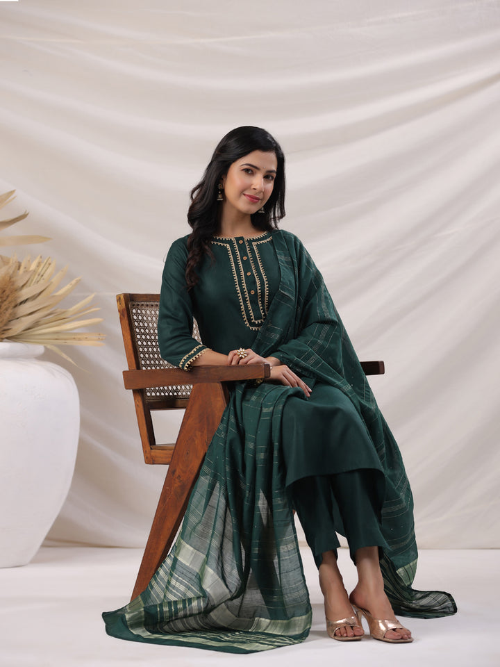 Dark Green Cotton Blend Straight Yoke Design 3-Piece Kurta Set
