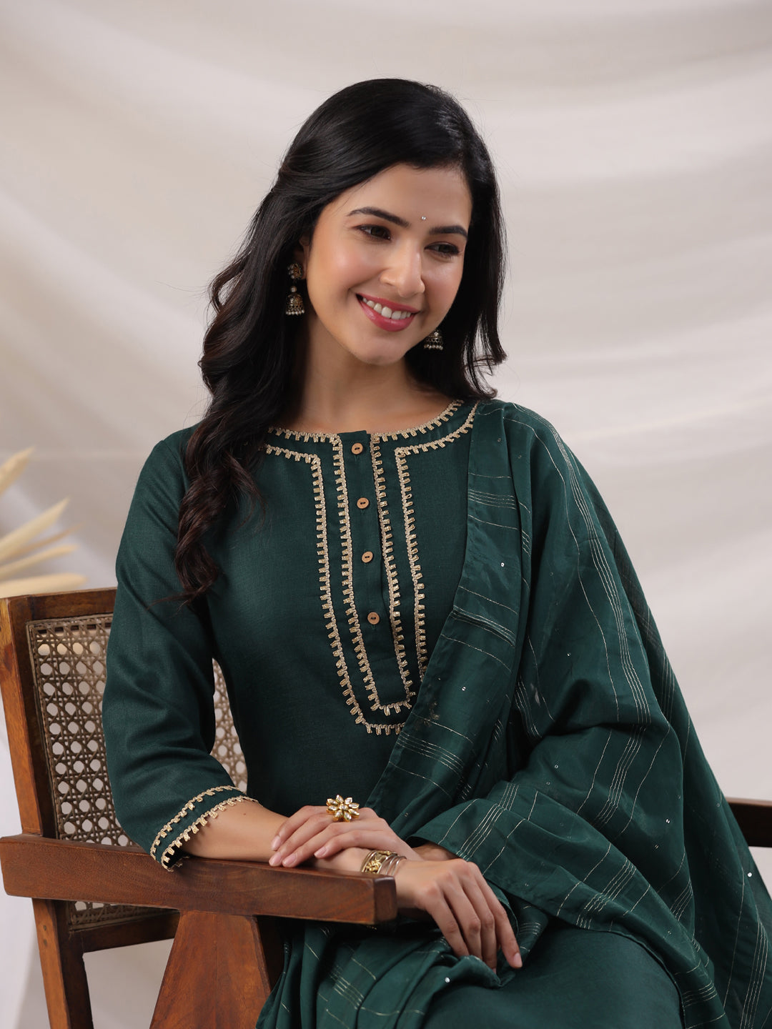 Dark Green Cotton Blend Straight Yoke Design 3-Piece Kurta Set