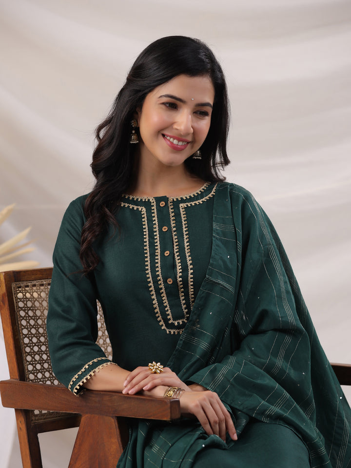 Dark Green Cotton Blend Straight Yoke Design 3-Piece Kurta Set