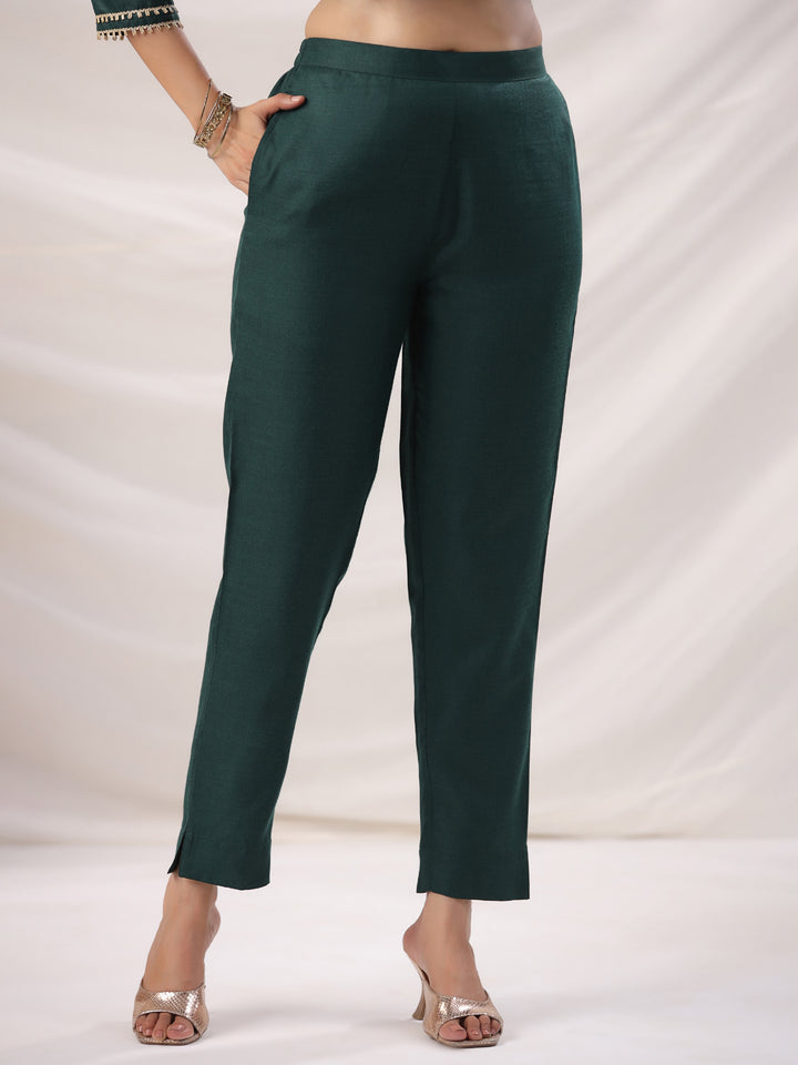 Dark Green Cotton Blend Straight Yoke Design 3-Piece Kurta Set