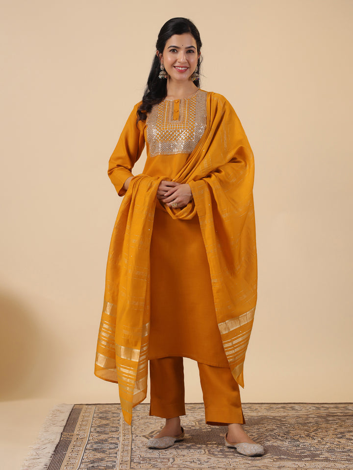 Mustard Cotton Blend Straight Yoke Embroidered 3-Piece Kurta Set