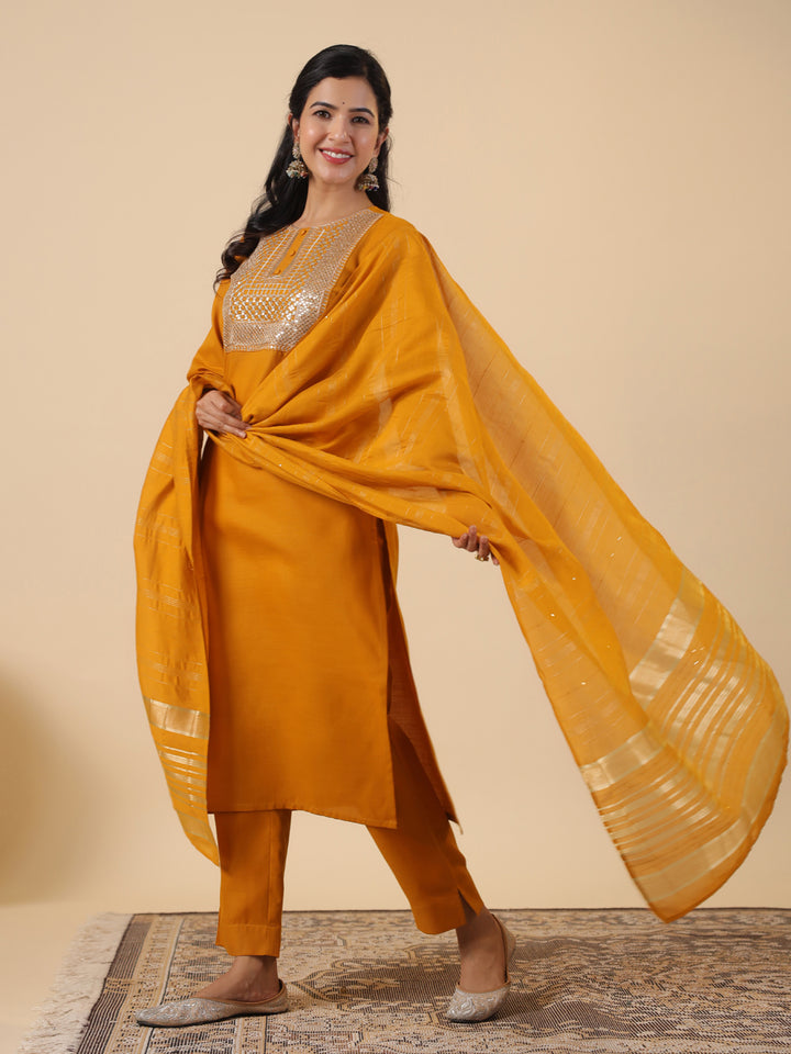Mustard Cotton Blend Straight Yoke Embroidered 3-Piece Kurta Set