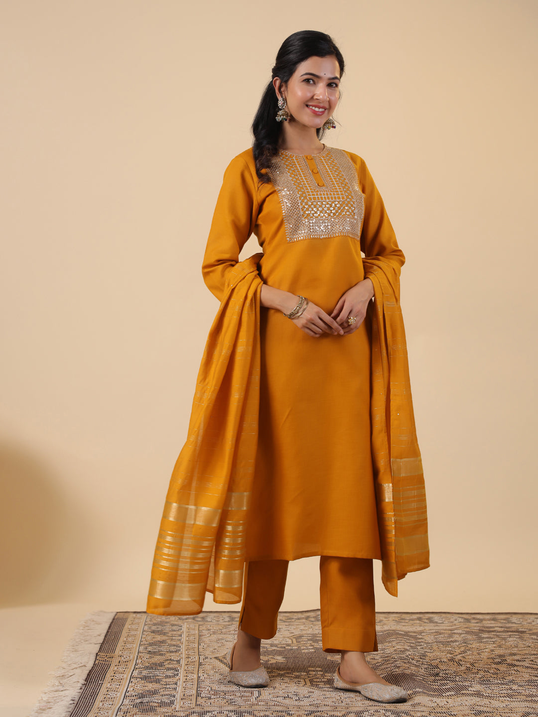 Mustard Cotton Blend Straight Yoke Embroidered 3-Piece Kurta Set