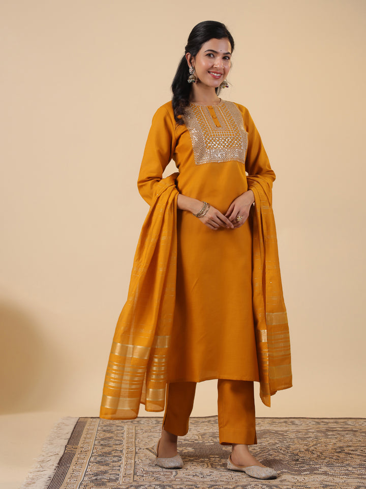Mustard Cotton Blend Straight Yoke Embroidered 3-Piece Kurta Set