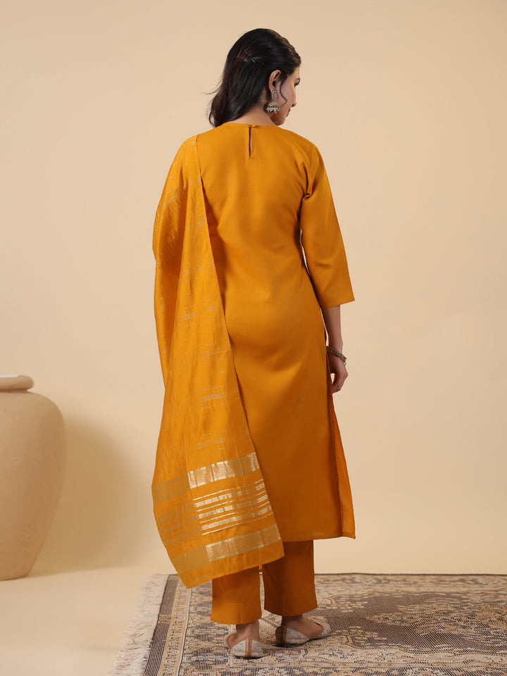 Mustard Cotton Blend Straight Yoke Embroidered 3-Piece Kurta Set