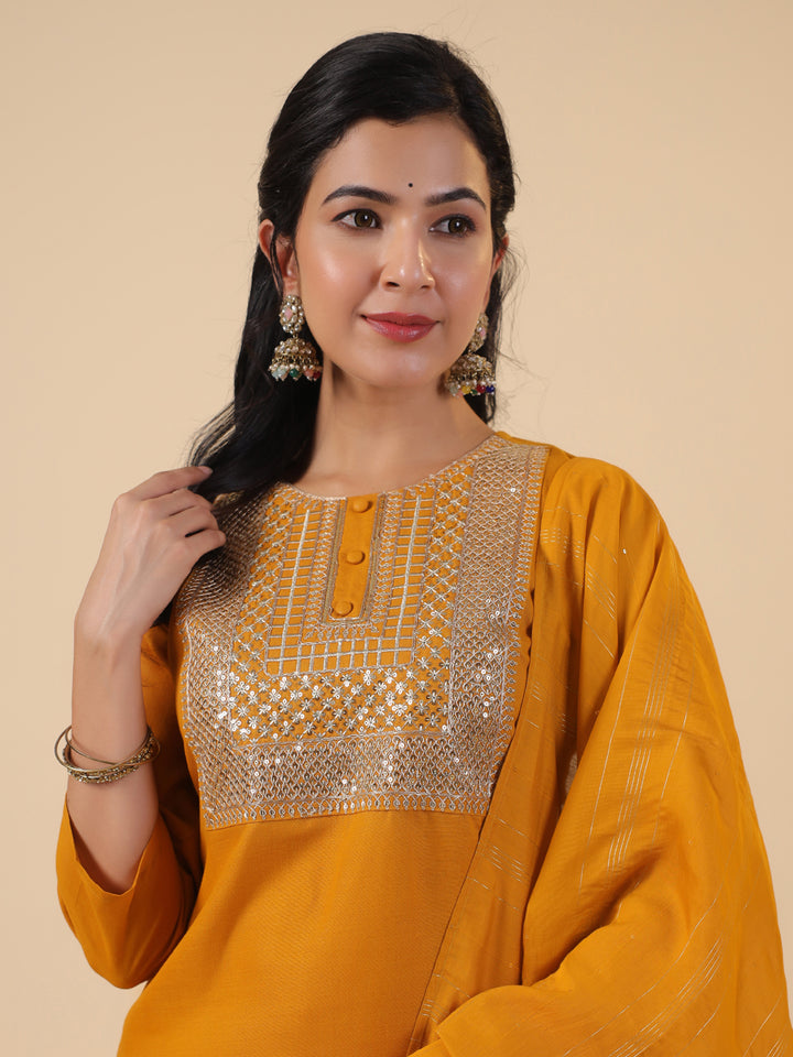 Mustard Cotton Blend Straight Yoke Embroidered 3-Piece Kurta Set