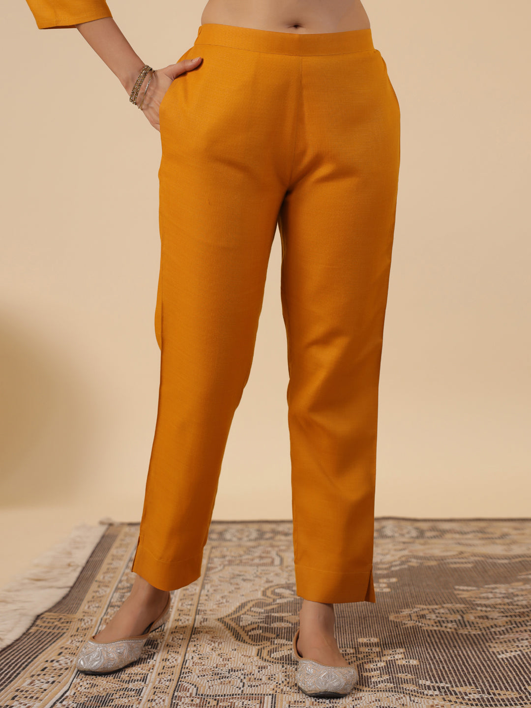 Mustard Cotton Blend Straight Yoke Embroidered 3-Piece Kurta Set