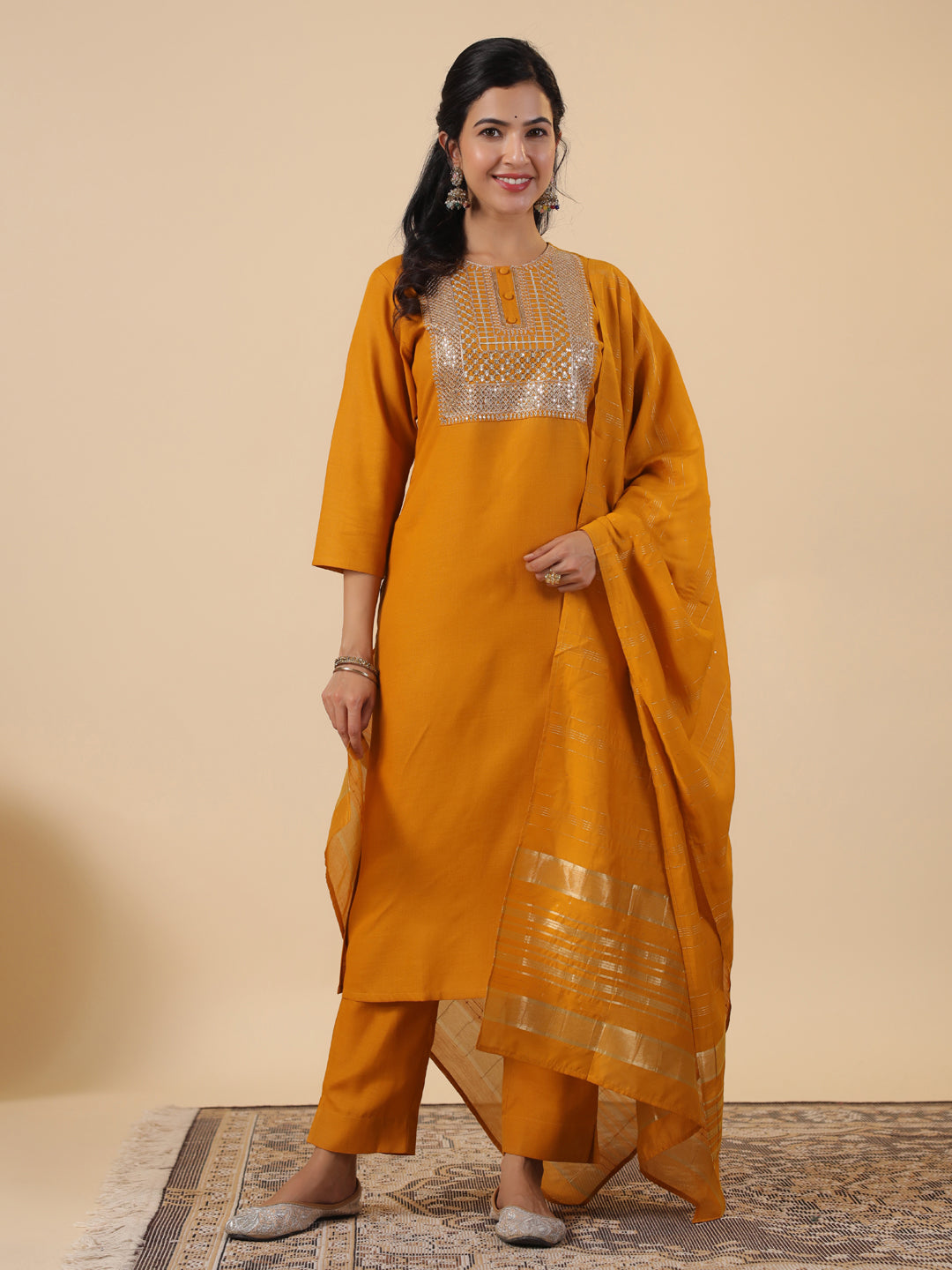 Mustard Cotton Blend Straight Yoke Embroidered 3-Piece Kurta Set