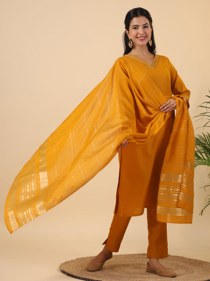 Mustard Cotton Blend Straight Solid 3-Piece Kurta Set