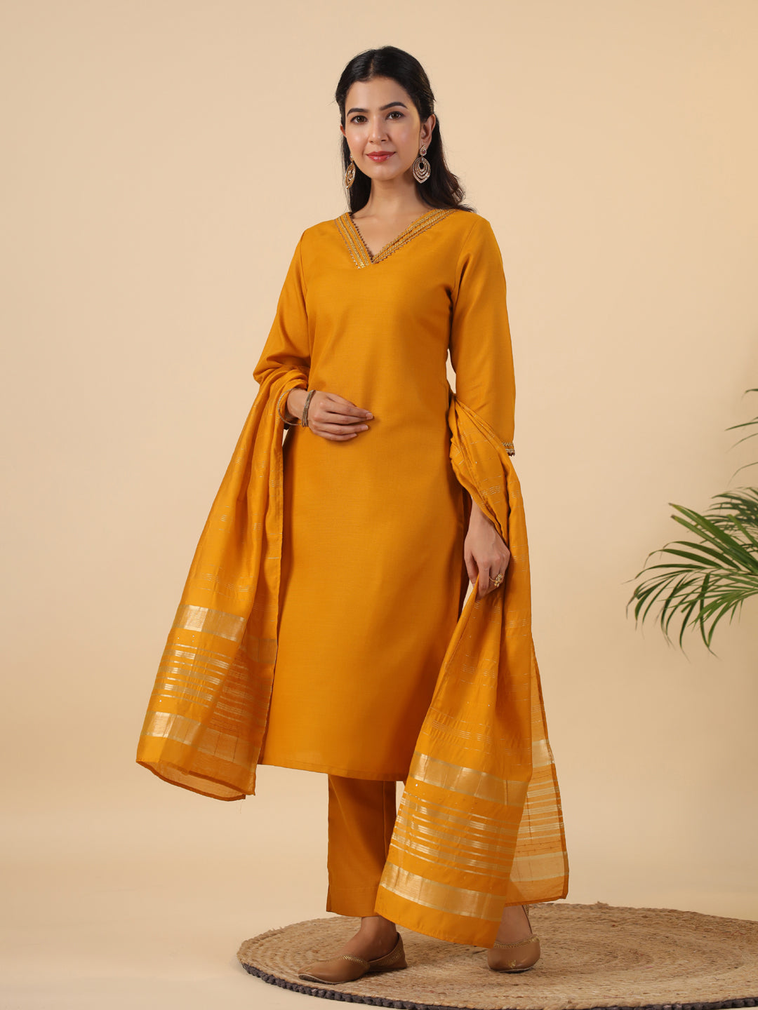 Mustard Cotton Blend Straight Solid 3-Piece Kurta Set