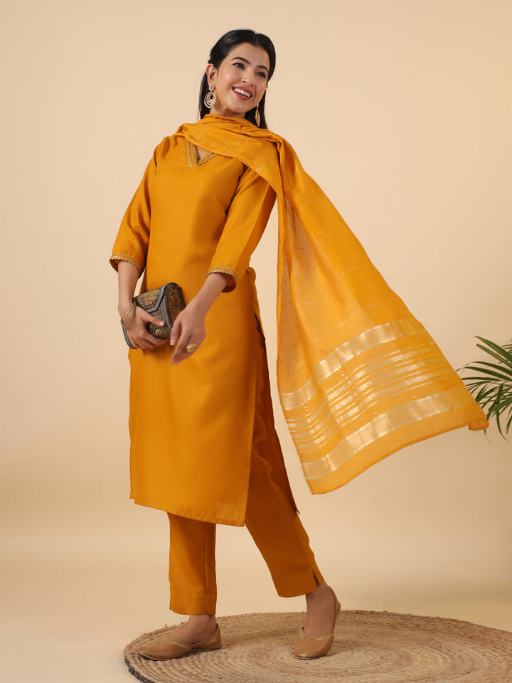 Mustard Cotton Blend Straight Solid 3-Piece Kurta Set
