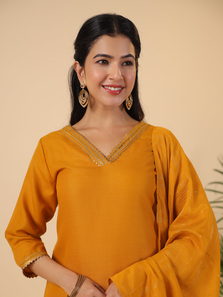 Mustard Cotton Blend Straight Solid 3-Piece Kurta Set