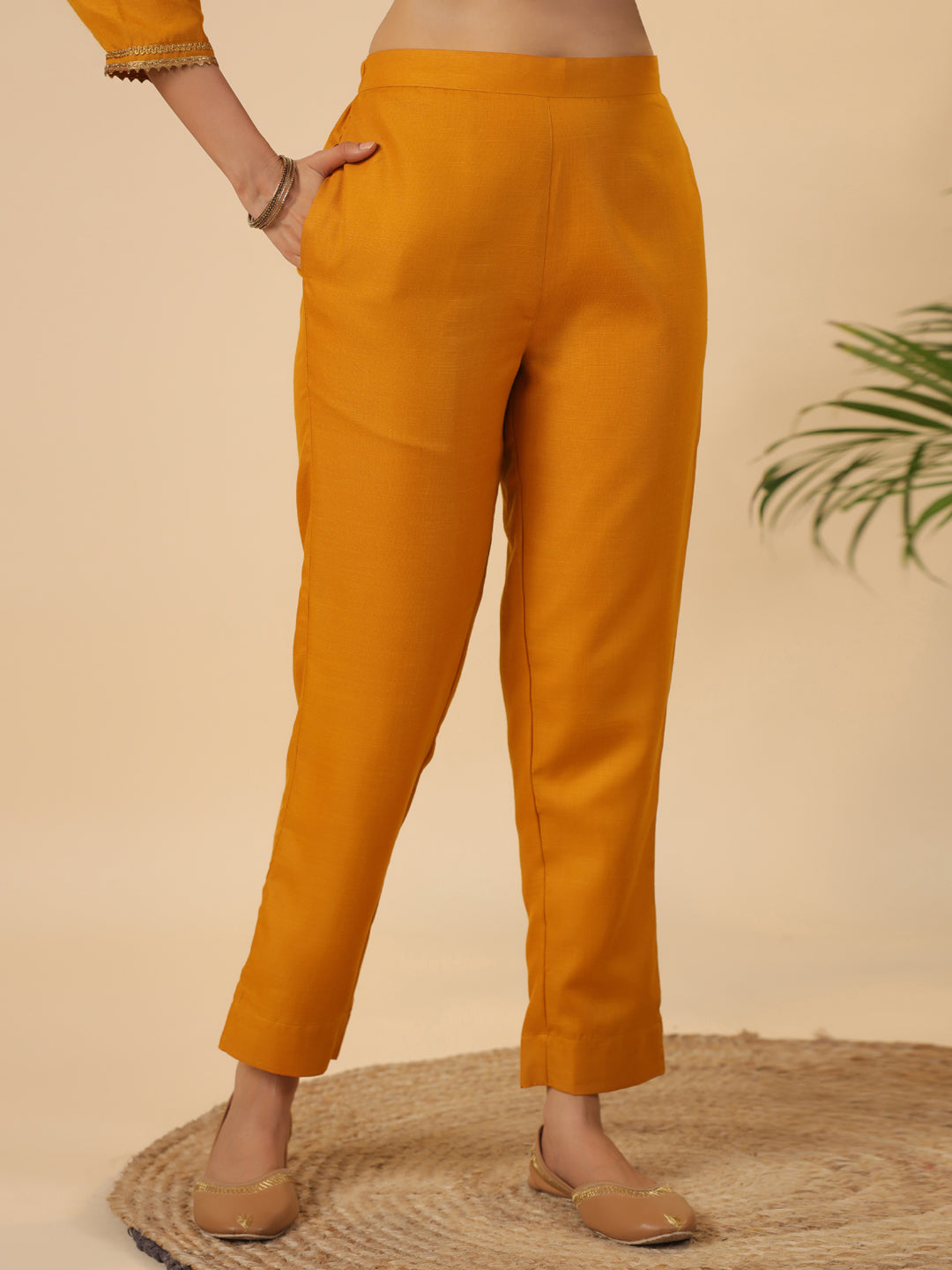 Mustard Cotton Blend Straight Solid 3-Piece Kurta Set