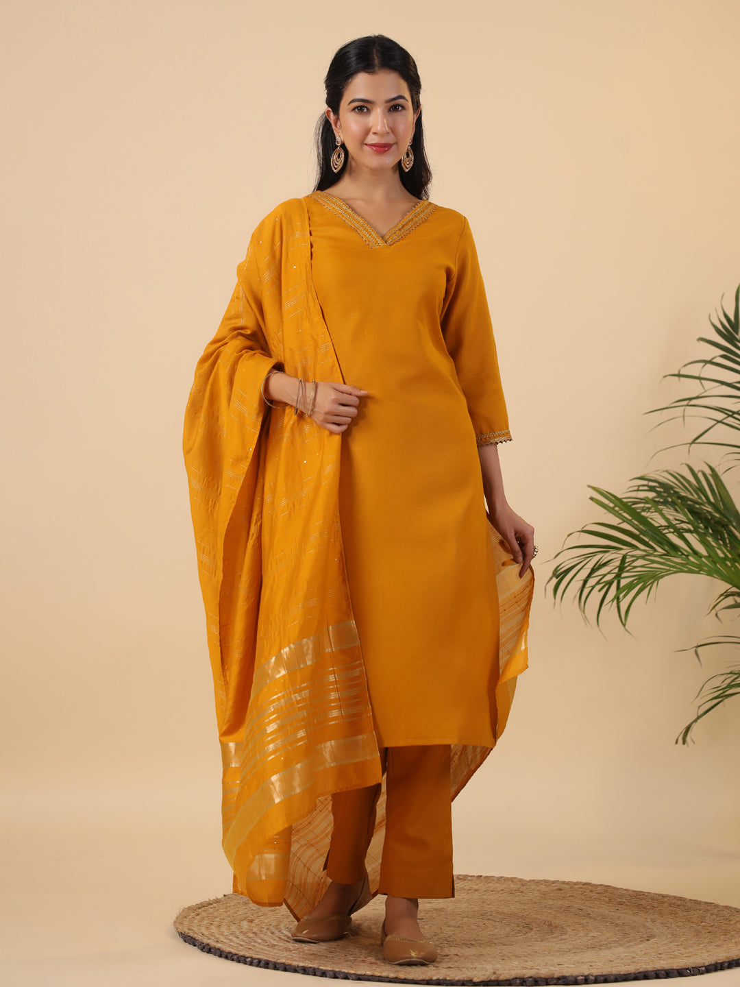Mustard Cotton Blend Straight Solid 3-Piece Kurta Set