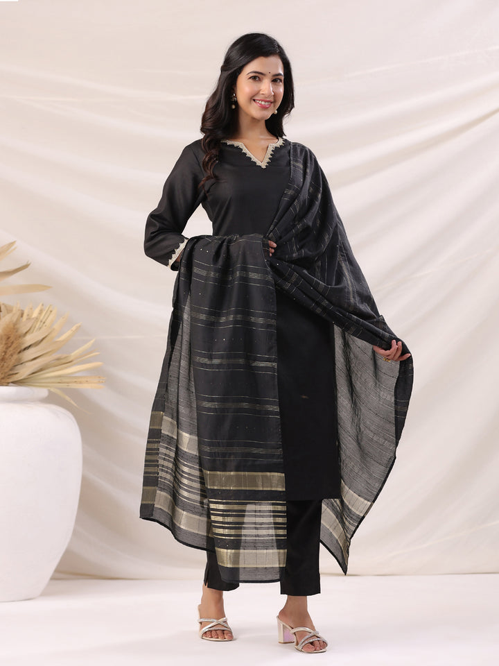 Black Cotton Blend Straight Solid 3-Piece Kurta Set