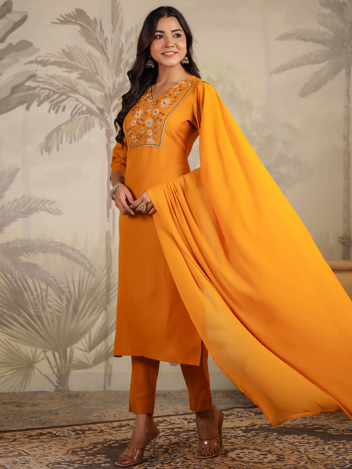 Mustard Cotton Blend Straight Yoke Embroidered 3-Piece Kurta Set