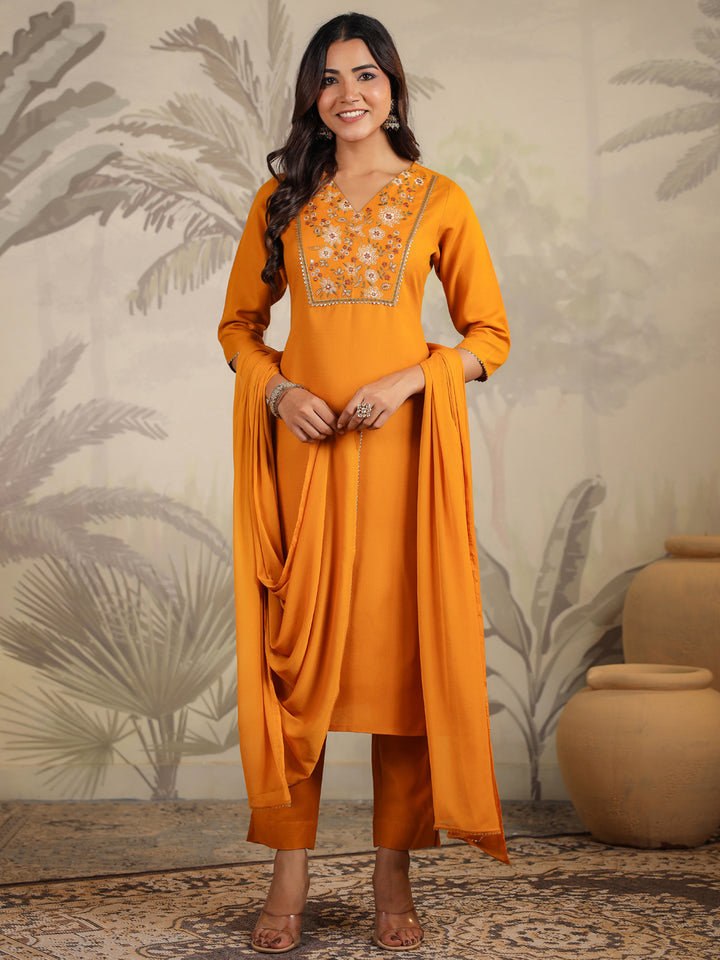 Mustard Cotton Blend Straight Yoke Embroidered 3-Piece Kurta Set