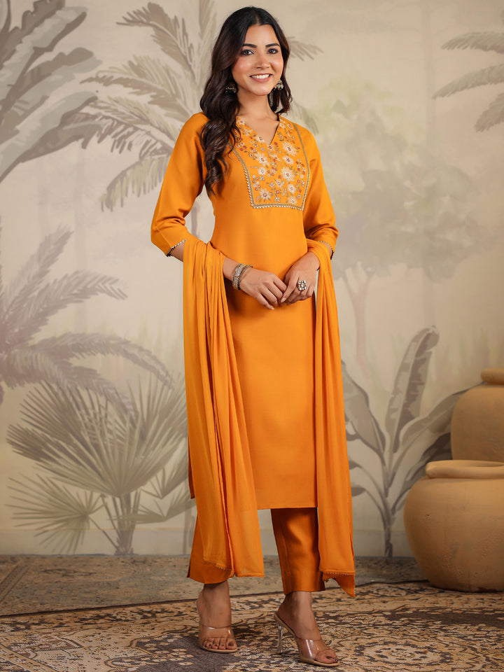 Mustard Cotton Blend Straight Yoke Embroidered 3-Piece Kurta Set