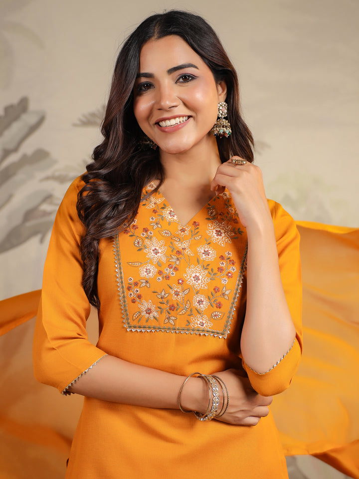 Mustard Cotton Blend Straight Yoke Embroidered 3-Piece Kurta Set