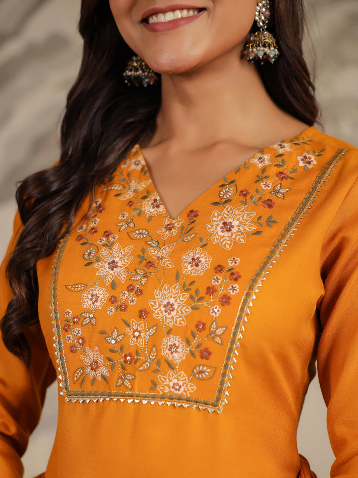 Mustard Cotton Blend Straight Yoke Embroidered 3-Piece Kurta Set