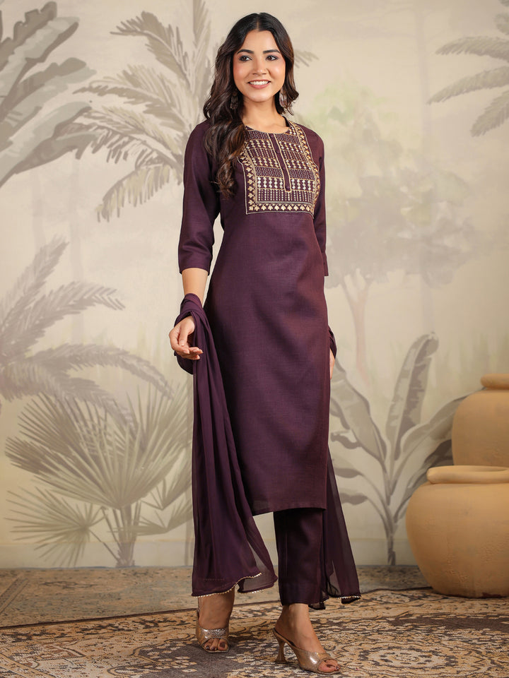 Wine Cotton Blend Straight Yoke Embroidered 3-Piece Kurta Set