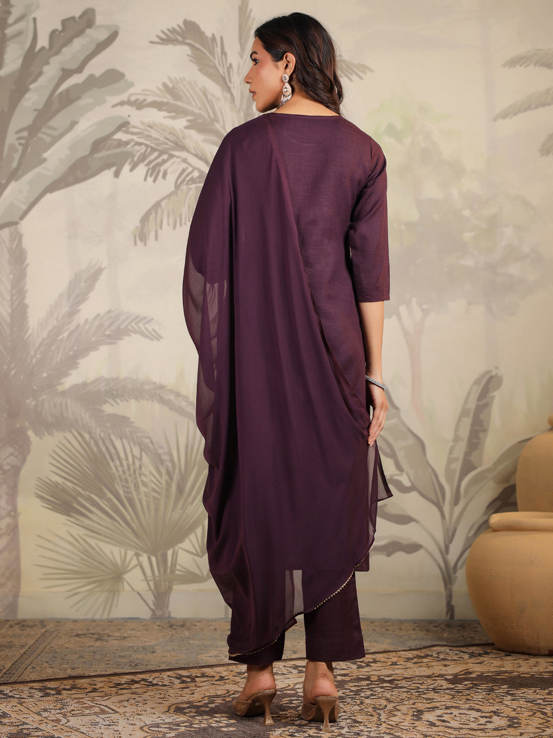Wine Cotton Blend Straight Yoke Embroidered 3-Piece Kurta Set