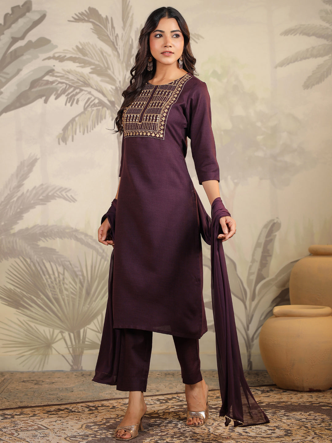 Wine Cotton Blend Straight Yoke Embroidered 3-Piece Kurta Set