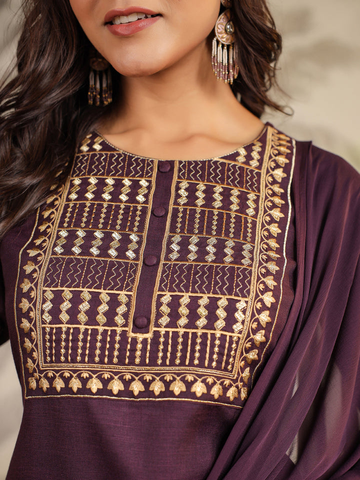Wine Cotton Blend Straight Yoke Embroidered 3-Piece Kurta Set