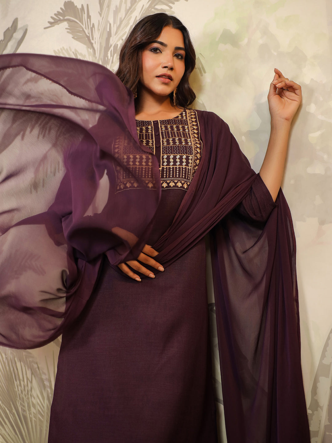 Wine-Cotton-Blend-Straight-Yoke-Embroidered-3-Piece-Kurta-Set