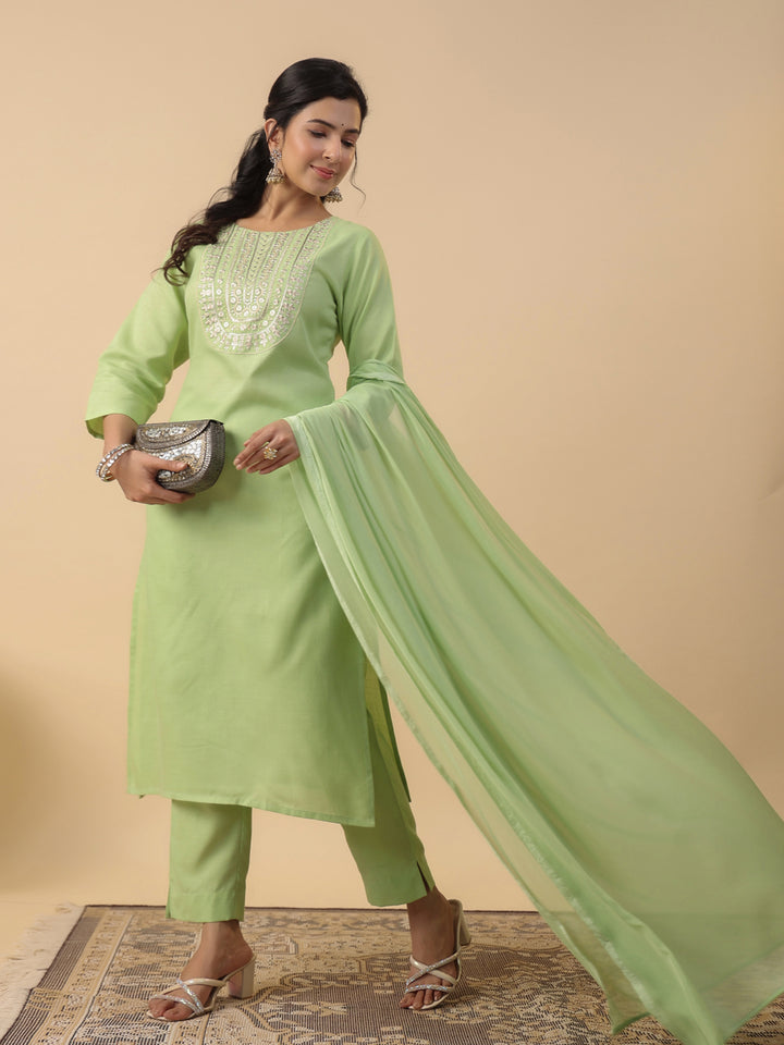 Green Cotton Blend Straight Yoke Embroidered 3-Piece Kurta Set