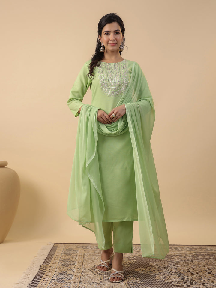 Green Cotton Blend Straight Yoke Embroidered 3-Piece Kurta Set