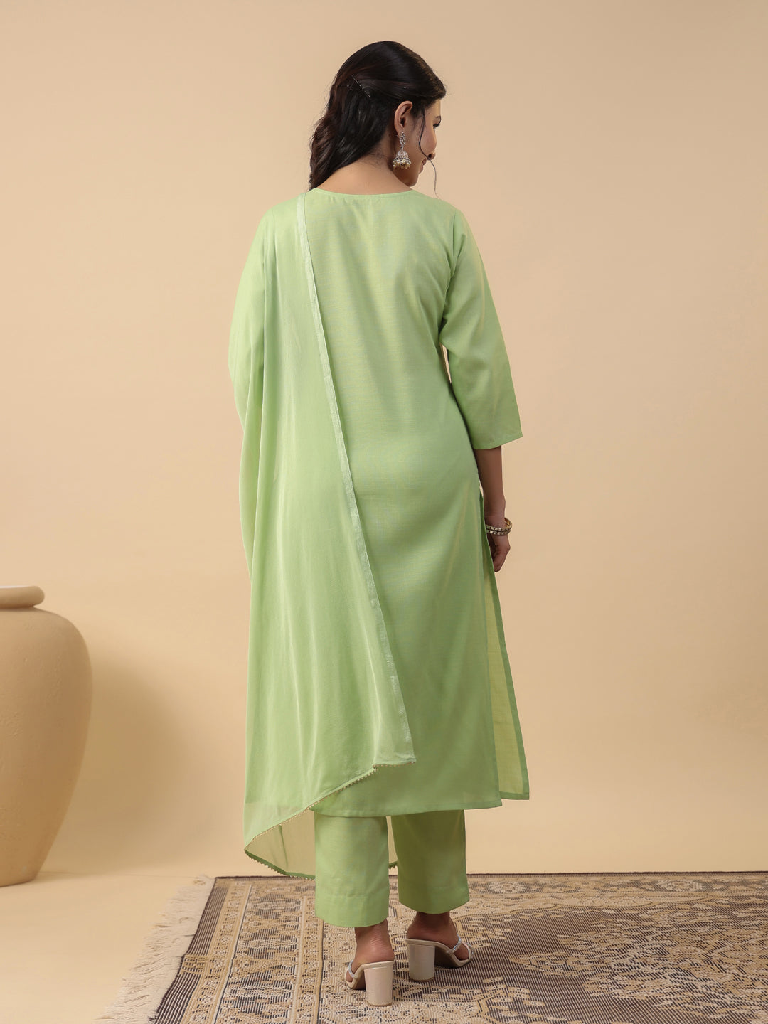 Green Cotton Blend Straight Yoke Embroidered 3-Piece Kurta Set