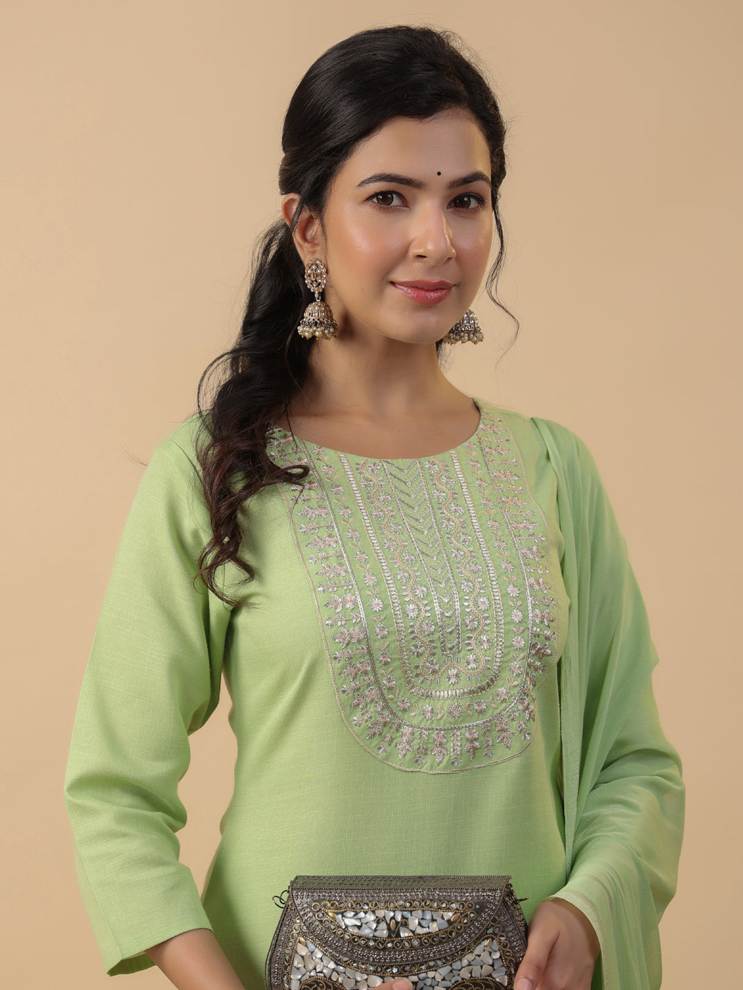 Green Cotton Blend Straight Yoke Embroidered 3-Piece Kurta Set