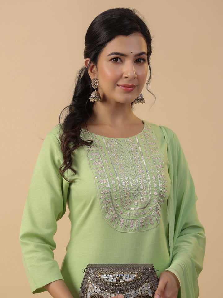 Green Cotton Blend Straight Yoke Embroidered 3-Piece Kurta Set