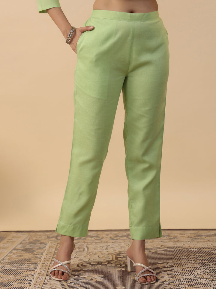 Green Cotton Blend Straight Yoke Embroidered 3-Piece Kurta Set