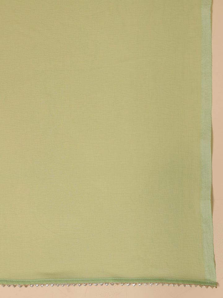 Green Cotton Blend Straight Yoke Embroidered 3-Piece Kurta Set