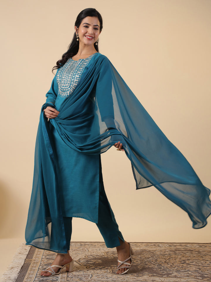 Teal Cotton Blend Straight Embroidered 3-Piece Kurta Set