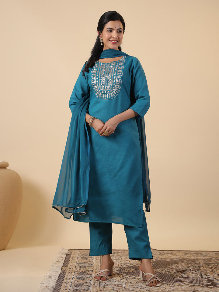 Teal Cotton Blend Straight Embroidered 3-Piece Kurta Set