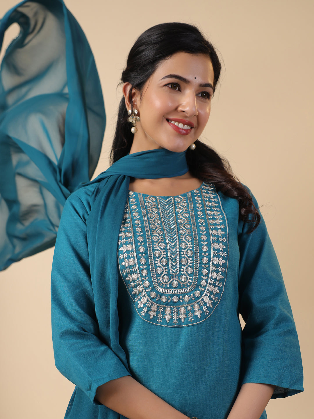 Teal Cotton Blend Straight Embroidered 3-Piece Kurta Set