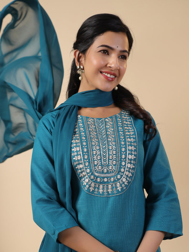 Teal Cotton Blend Straight Embroidered 3-Piece Kurta Set