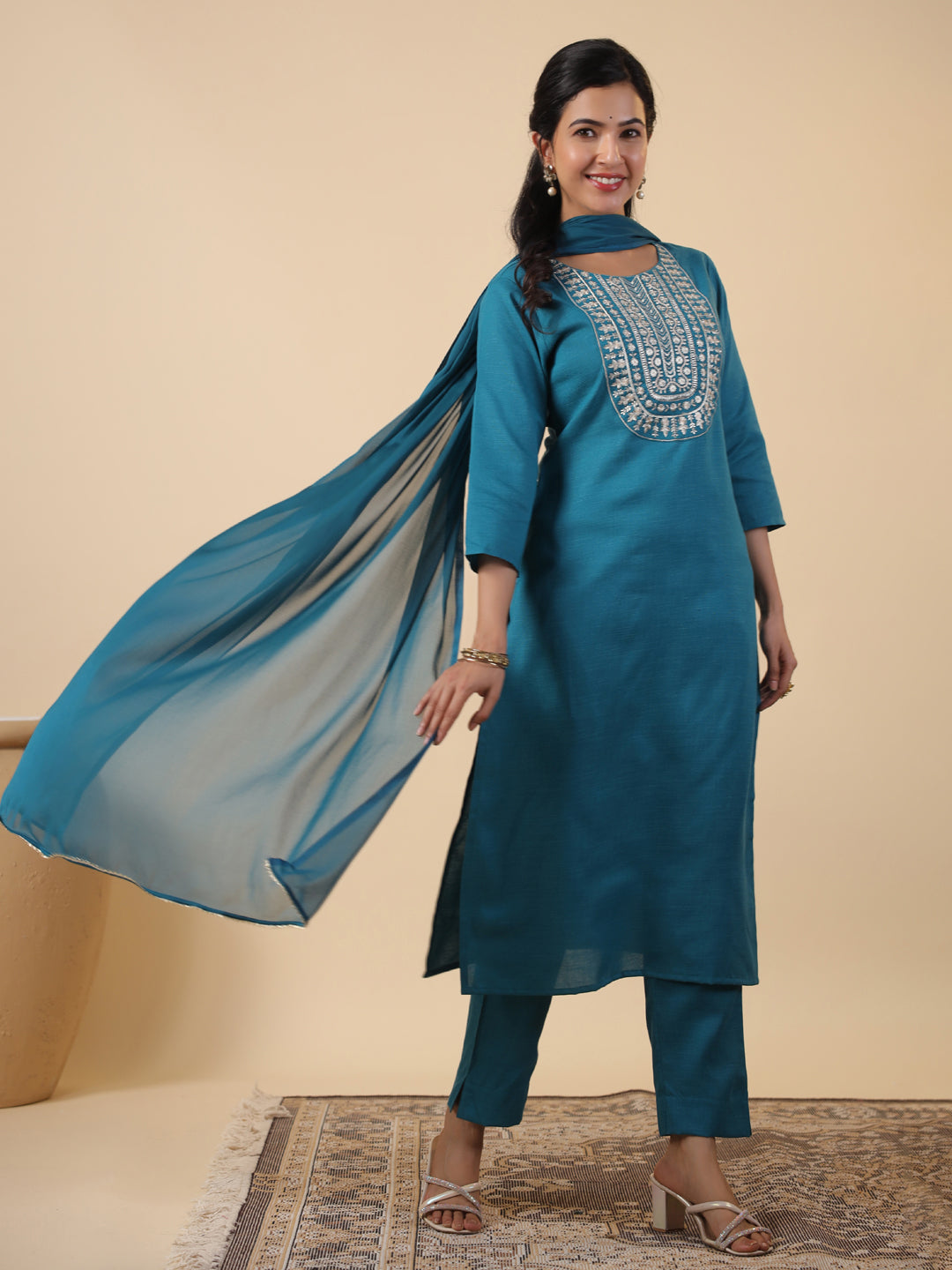Teal Cotton Blend Straight Embroidered 3-Piece Kurta Set