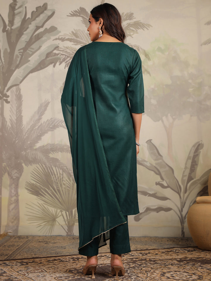 Dark Green Cotton Blend Straight Yoke Embroidered 3-Piece Kurta Set