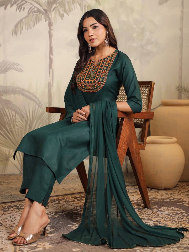 Dark Green Cotton Blend Straight Yoke Embroidered 3-Piece Kurta Set