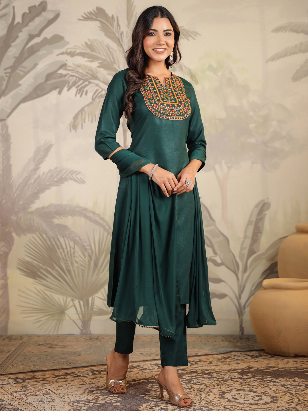 Dark Green Cotton Blend Straight Yoke Embroidered 3-Piece Kurta Set